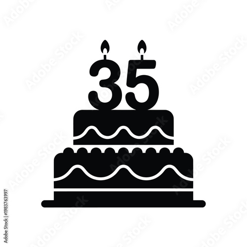 A black silhouette of a two tiered birthday cake with lit candles