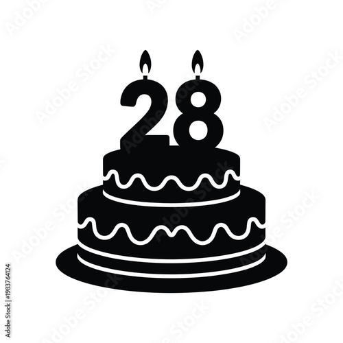 A black silhouette illustration of a two tiered birthday cake with candles