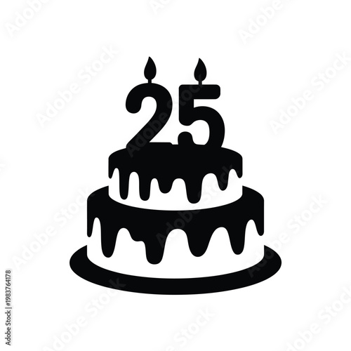 A black and white illustration of a birthday cake with candles forming 25