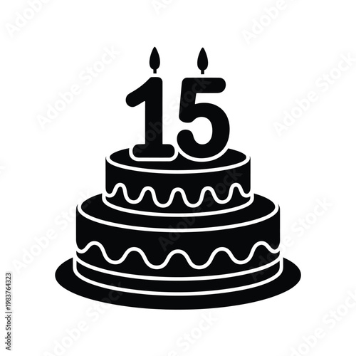 A black silhouette of a two tiered cake with fifteen candles on top