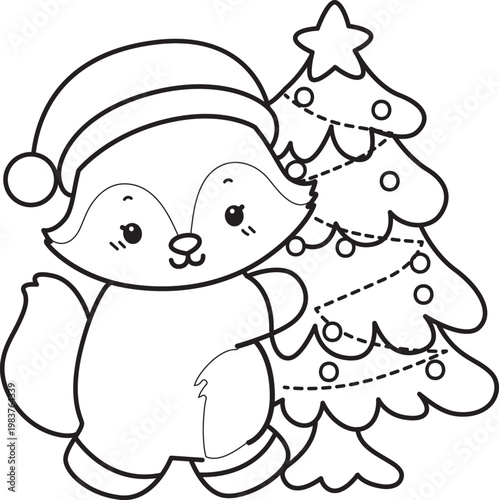 Coloring pages of Cute set of Fox sticker with activity. Outline of Fox with christmas theme