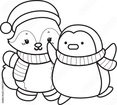 Coloring pages of Cute set of Fox sticker with activity. Outline of Fox with christmas theme