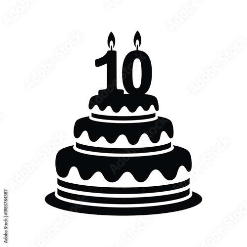 Black and white illustration of a tiered birthday cake with burning candles