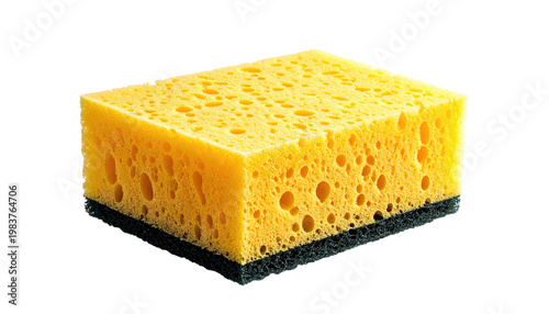 Yellow porous sponge with a non-scratch scouring pad ideal for dishwashing and household cleaning tasks against a black backdrop