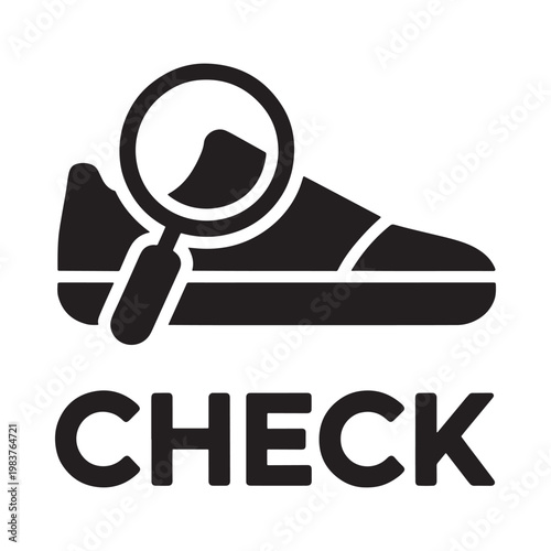 A magnifying glass examines a shoe with the word check below