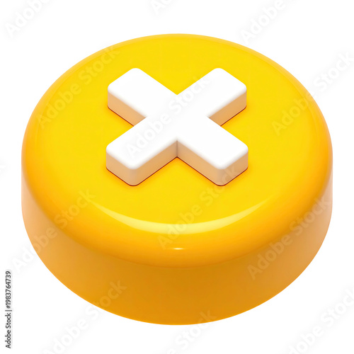 Yellow push button with a raised white X mark in a 3D render isolated against a clean black background perfect for graphic design and user interface elements.