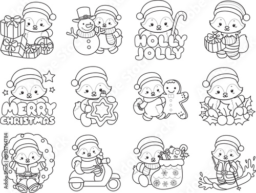 Coloring pages of Cute set of Fox sticker with activity. Outline of Fox with christmas theme
