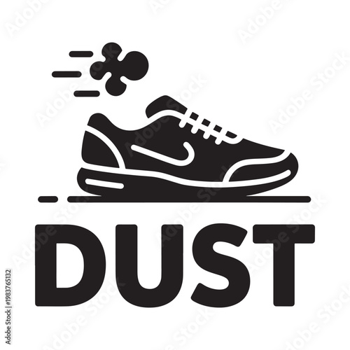 A running shoe kicking up dust illustrated in a simple black design