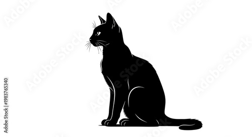 Silhouette of a black cat sitting attentively, featuring its sleek form and pointed ears