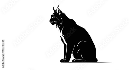 Silhouette of a Black Lynx Cat Sitting Prudently and Alert on White Background
