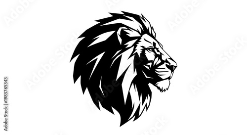 Stylized Black and White Lion Head Silhouette with Sharp Mane and Intense Gaze