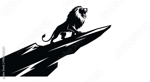 Roaring Lion Silhouette on Jagged Peak Symbolizing Power and Dominance