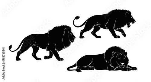 Tableau sur toile Three Black Silhouette Lions: Walking, Roaring, and Resting Wildlife Art