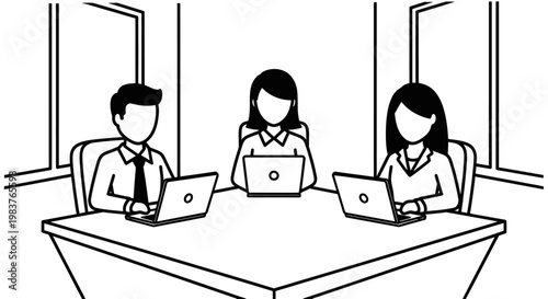 Three people in a meeting room working on laptops.