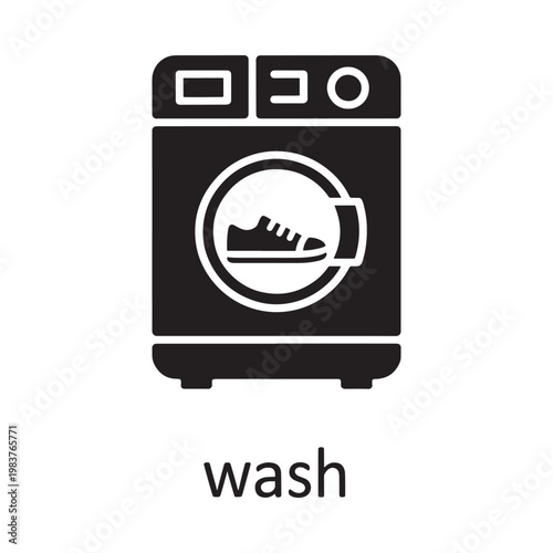 A black silhouette of a front loading washing machine with a shoe inside