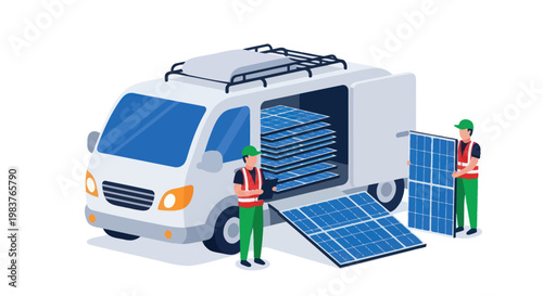 Workers unloading solar panels from a delivery van for installation.