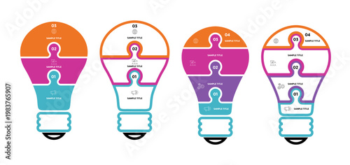 Infographic with light bulb shape, 3 options and 4 option steps for business information presentation or visual report illustration with icon. Editable vector illustration.