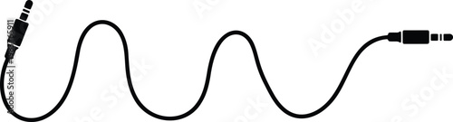 Black silhouette of a wavy audio auxiliary cable with two jack connectors on a white background showing a flexible cord connecting two electronic devices for sound transmission and music playback