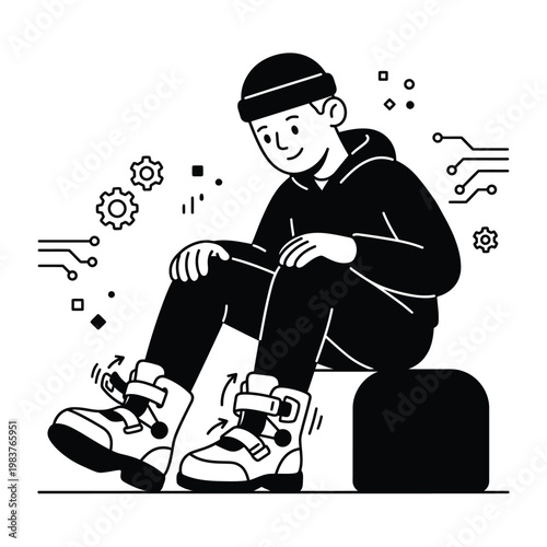 Young man fastening high-tech smart boots, surrounded by circuit elements, outline vector illustration.