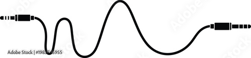 Black silhouette of an audio cable with two jack connectors forming a wavy line shape on a white background representing sound wave connectivity and music technology hardware components