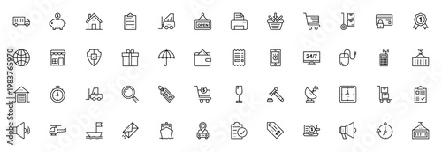 Global logistics icon set. Vector illustration pack featuring delivery truck, warehouse, ship, forklift, globe, shopping cart, credit card, container and more. Editable thin line icons.