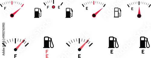 Collection of fuel gauge and gas pump symbols with red needles showing different levels of gasoline on a white background for automotive dashboard interface and transportation signage
