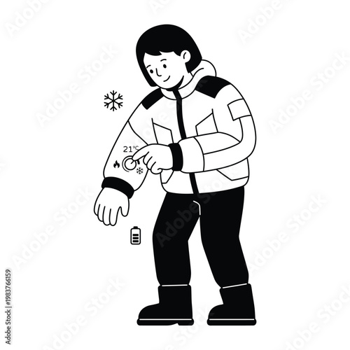 Person wearing a smart heated winter jacket adjusting temperature on sleeve, outline vector illustration.