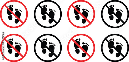 Eight identical circular warning signs featuring black human footprint silhouettes crossed out with a bold red diagonal line arranged in two rows on a plain white background for safety signage