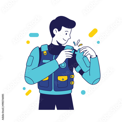 Male worker adjusting a high tech smart vest with gear attachments, modern vector illustration.