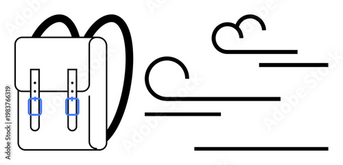 Travel, adventure, mobility, education, outdoor lifestyle, journey. A backpack with bold straps and abstract wind lines. Travel and adventure concept highlighting movement and exploration