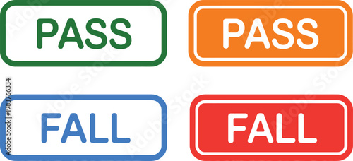 Four rectangular buttons with rounded corners featuring the words p a s and f a l in green orange blue and red colors against a white background for educational assessment or testing concepts