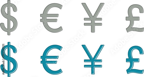 Set of eight currency symbols including dollar euro yen and pound sterling signs in grey and teal colors arranged in two rows against a plain white background for financial and business concepts