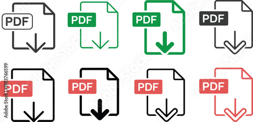 Set of eight flat representing p d f document download buttons with various color combinations of outlines and filled labels on a white background for digital user interface