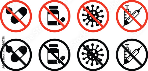 Set of eight prohibition signs featuring black silhouettes of medical pills medicine bottles virus cells and syringes inside red and black circular frames with diagonal lines indicating restricted