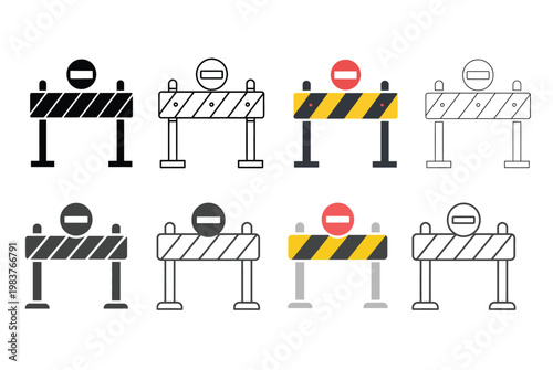 Set of eight road barrier featuring yellow and black striped safety barricades with red no entry circular signs in flat solid outline and linear styles on a clean white background