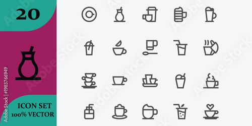 Collection of beverage icons a minimalist design featuring various drink containers and vessels in outline style