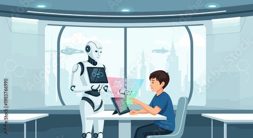 Boy and Robot Interacting with Futuristic Holographic Interface