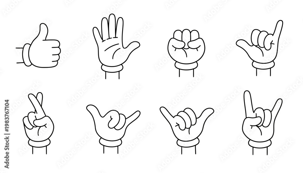 Fototapeta premium Cartoon Hands Gestures Set: Thumbs Up, Open Palm, Fist, Shaka, Crossed Fingers, Rock On