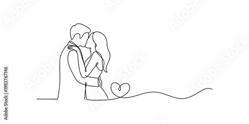A romantic continuous line drawing of a young couple kissing with a heart shape on white background Vector, illustration