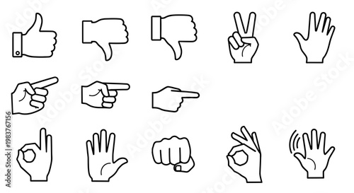Collection of Hand Gesture Icons: Thumbs Up, Down, Peace, Pointing, OK, Fist, Waving