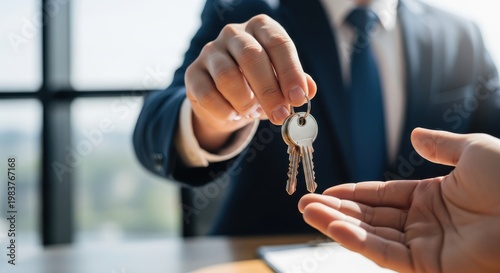 Professional real estate agent hands over house keys to a new owner in an office setting.