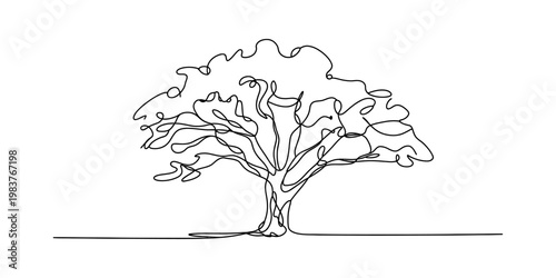 Minimalist single continuous line drawing of a majestic oak tree isolated on a plain background Vector, illustration