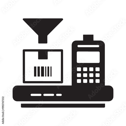 Black and white illustration of a point of sale system with scanner