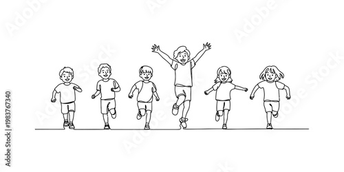 A group of six diverse children running together happily on a simple ground line in sketch style Vector, illustration
