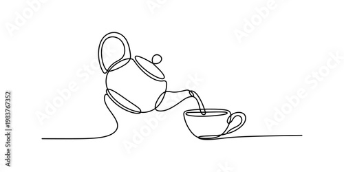 Minimalist continuous line drawing of a teapot pouring tea into a ceramic cup on white background Vector, illustration