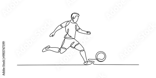 A continuous line drawing of a soccer player kicking the ball in a dynamic and energetic motion. Vector, illustration