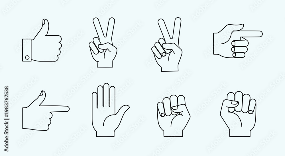 Fototapeta premium Hand Gestures Icon Set: Thumbs Up, Peace Sign, Pointing, Open Palm, Fist