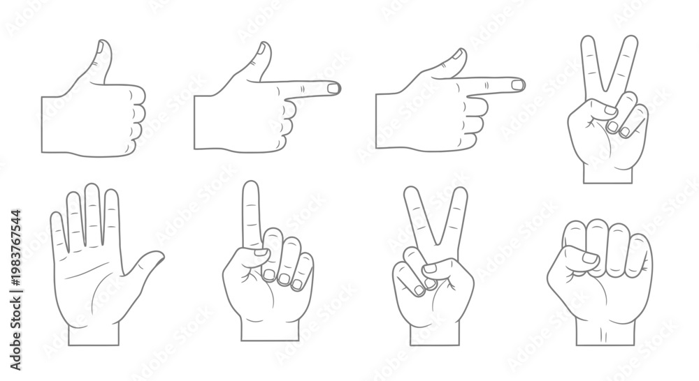 Fototapeta premium Hand Gestures Icon Set: Thumbs Up, Pointing, Peace Sign, Open Palm