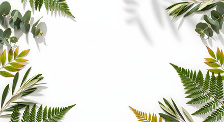 Green Eucalyptus and Fern Leaf Border on White Background Keywords: eucalyptus, fern, leaves