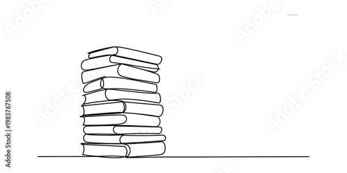 A simple black and white line drawing of a tall stack of books resting on a flat surface area. Vector, illustration